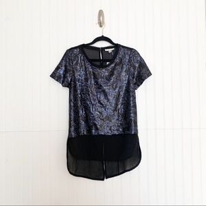 Alberto Makali Black Blue Sequin Shirttail Blouse